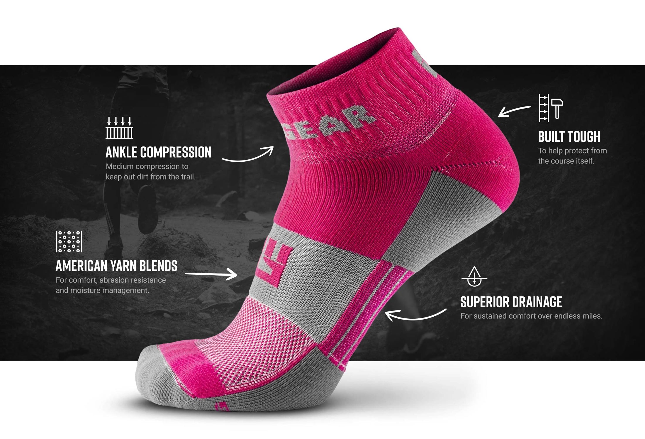 MudGear 1 4 crew socks pink gray tech box — product features infographic