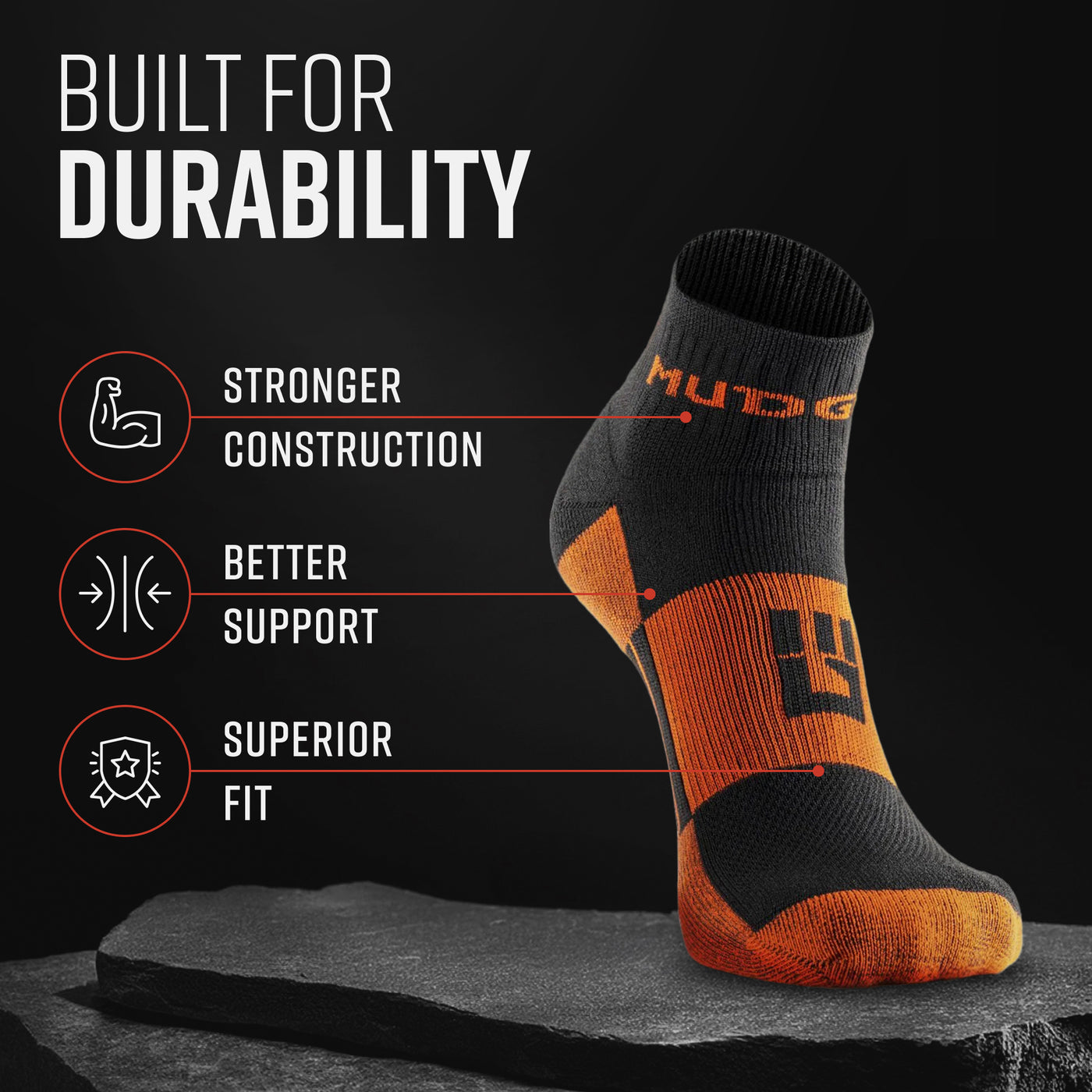 MudGear Quarter (¼) Crew Socks - Black/Orange (2 pair pack)