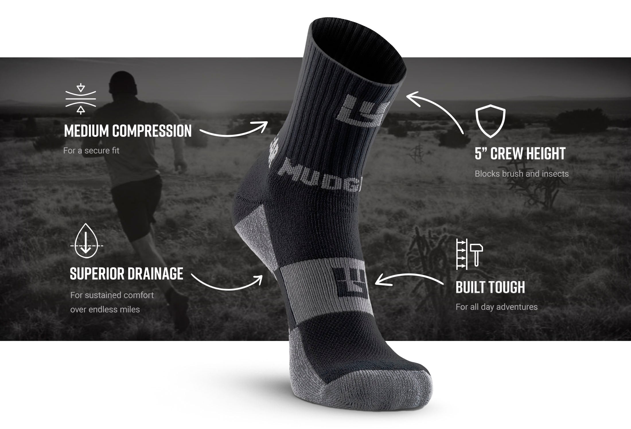 MudGear 5inch Crew Height Trail Socks black Infographics revised — product features infographic