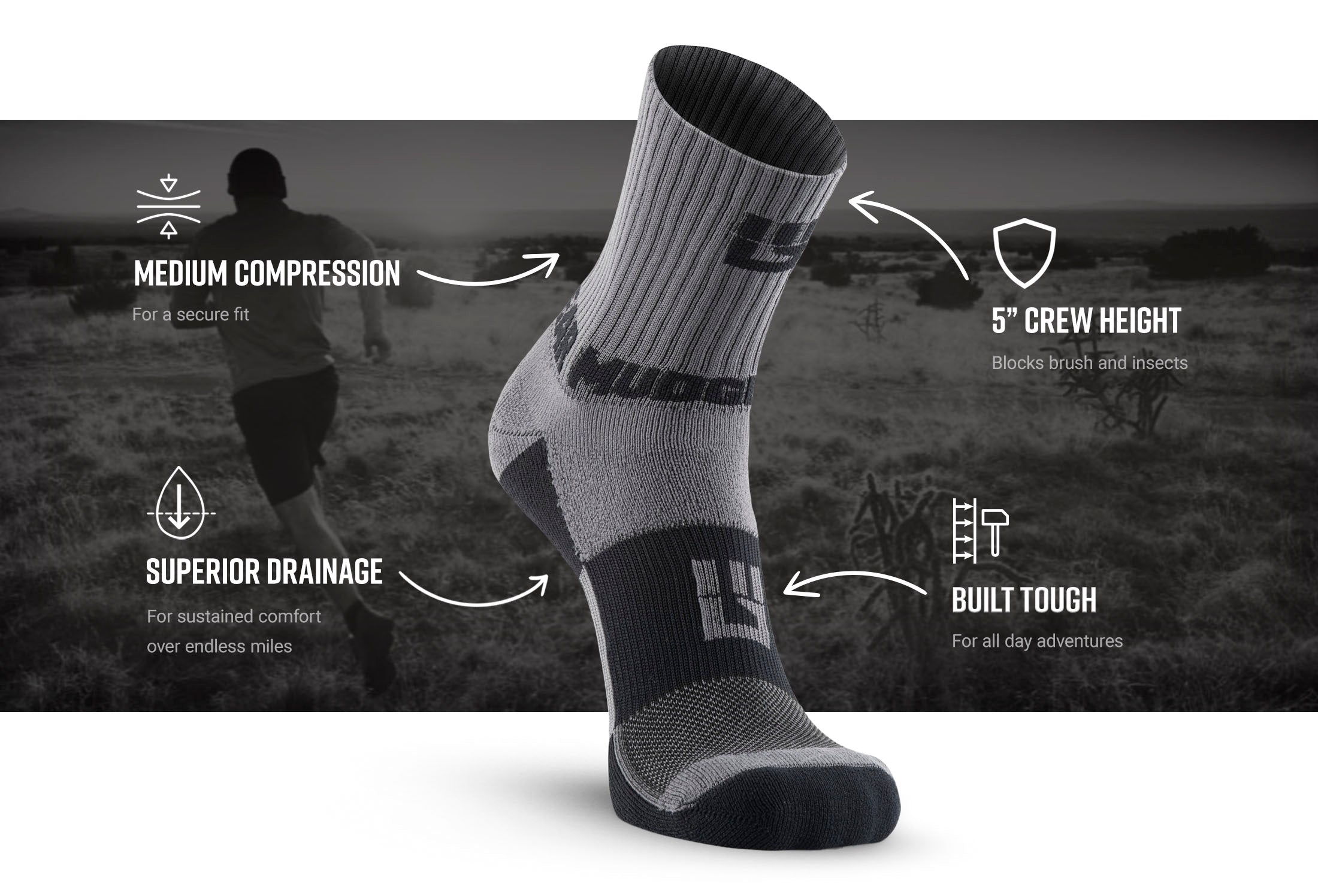 MudGear 5inch Crew Height Trail Socks gray Infographics revised — product features infographic