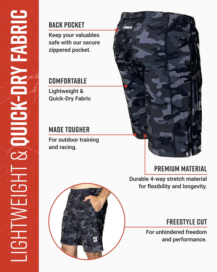 Men's Freestyle Running Shorts (Black/Gray Camo) – MudGear