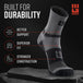 Gray and black crew height trail running sock displayed on stone with feature callouts