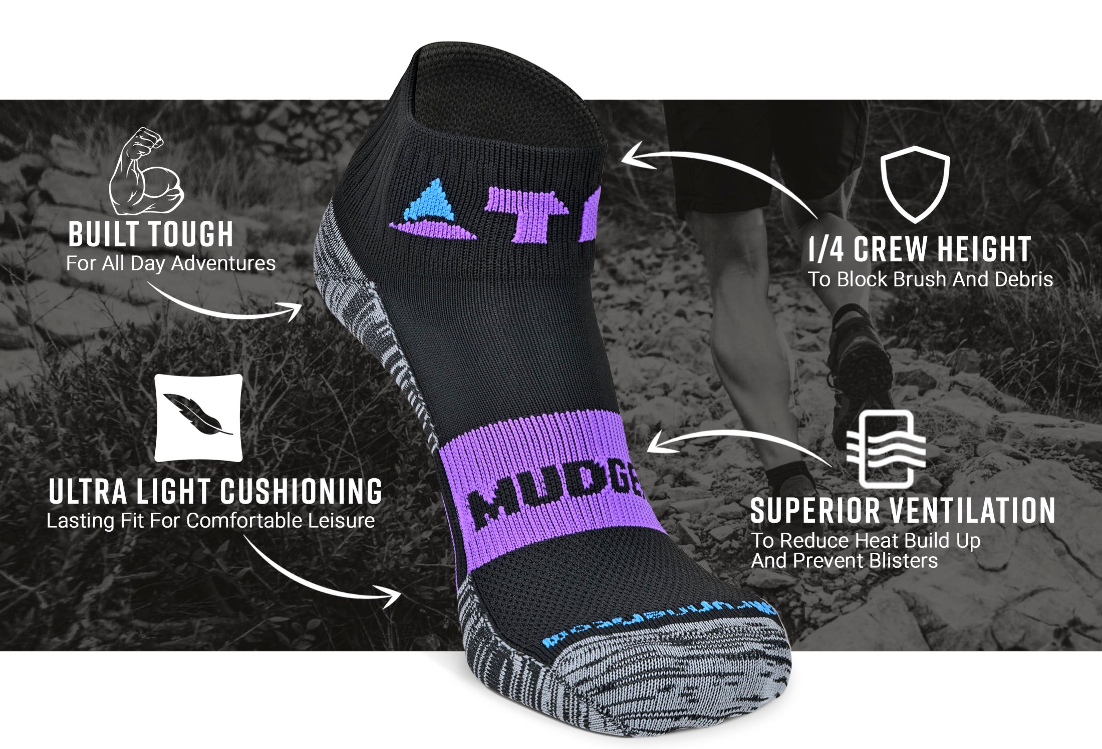 MudGear ATRA socks infographics compressed — product features infographic