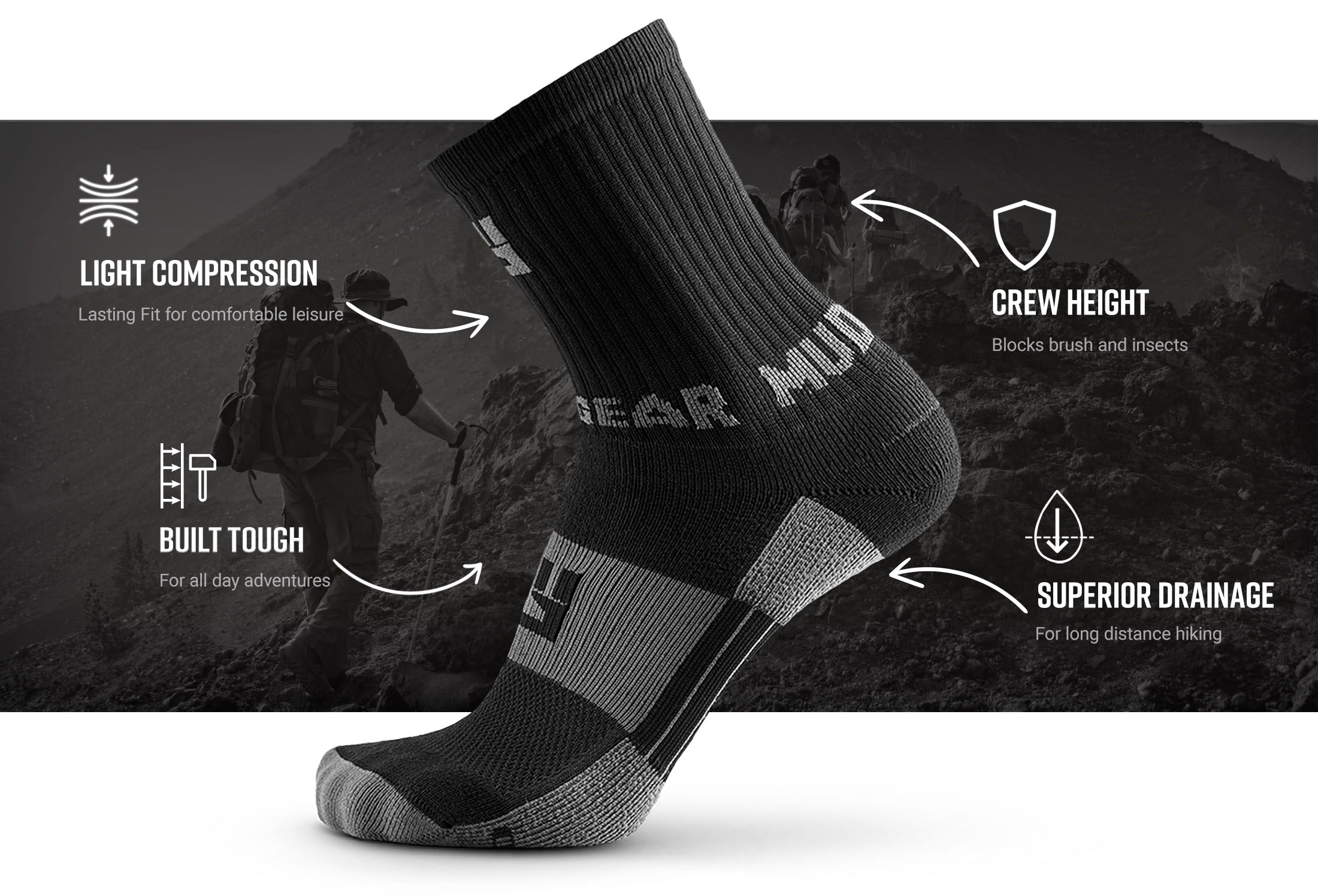 MudGear Black Hiking socks infographics for website revised — product features infographic