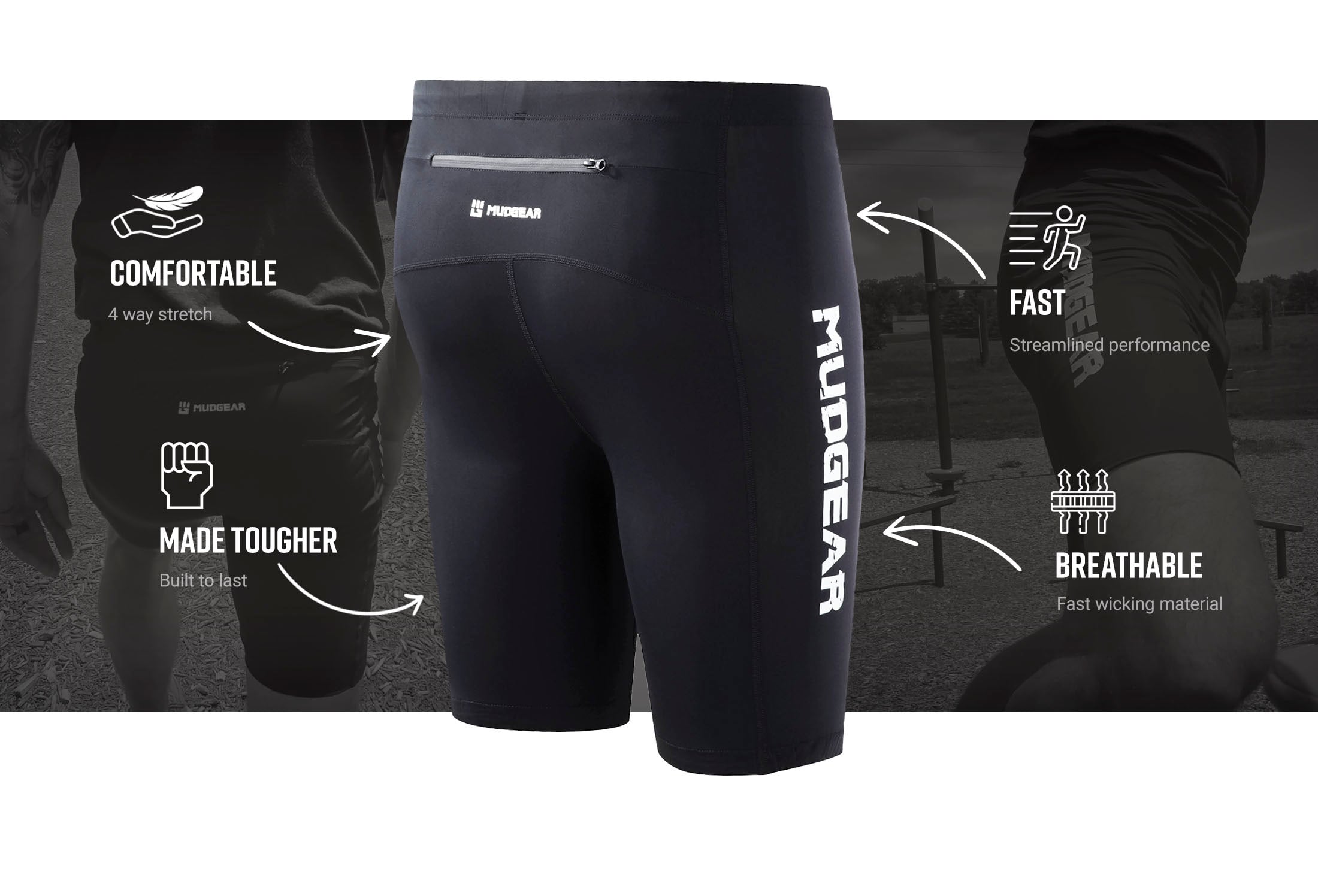 MudGear Mens Compression Shorts Infographic bg lighter version2 — product features infographic
