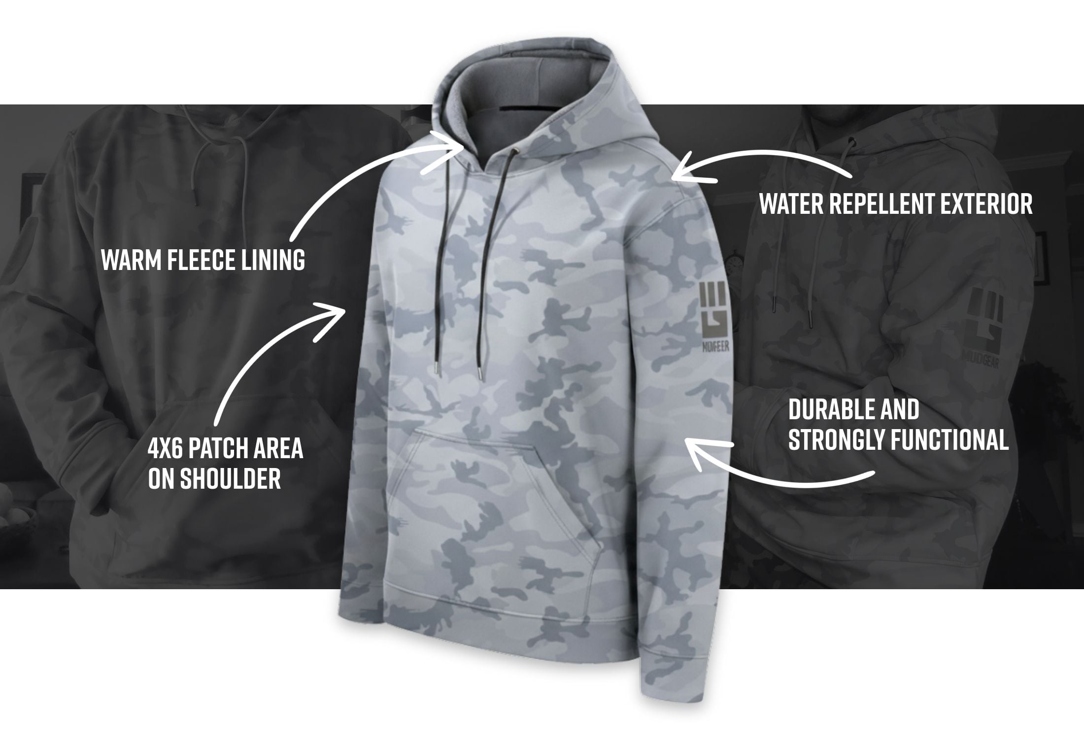 MudGear All Weather Warrior Hoodie Light Gray Camo Infographics — product features infographic