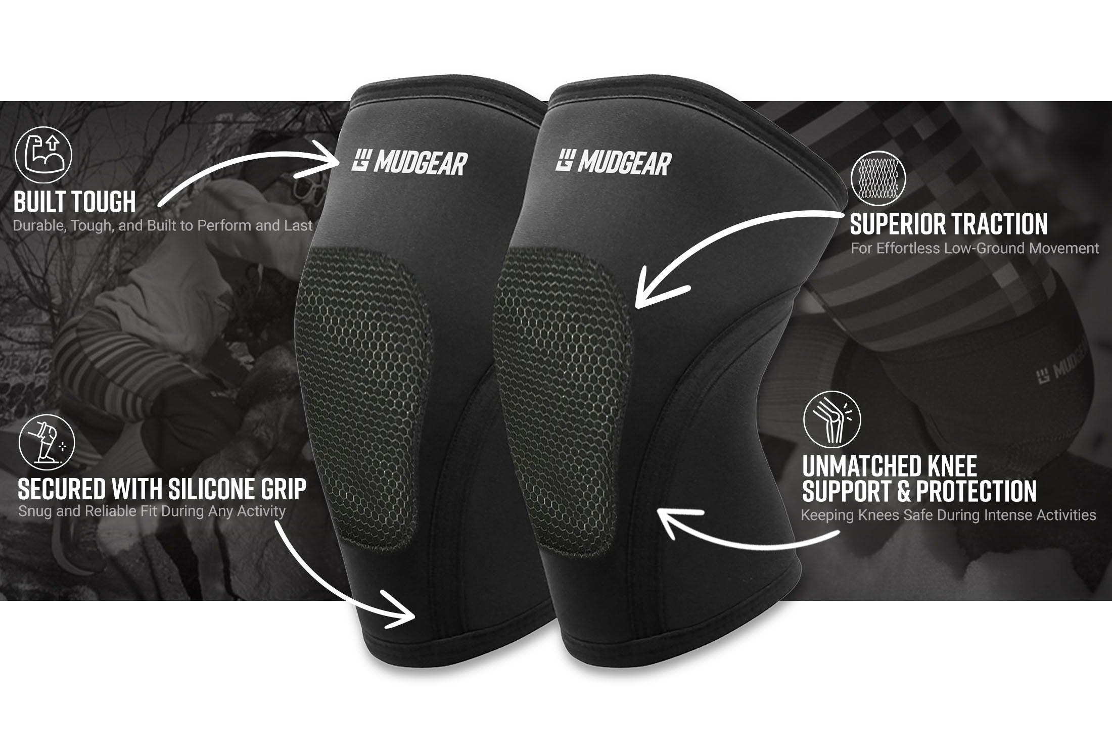 MudGear Knee Pads website inforgraphics — product features infographic