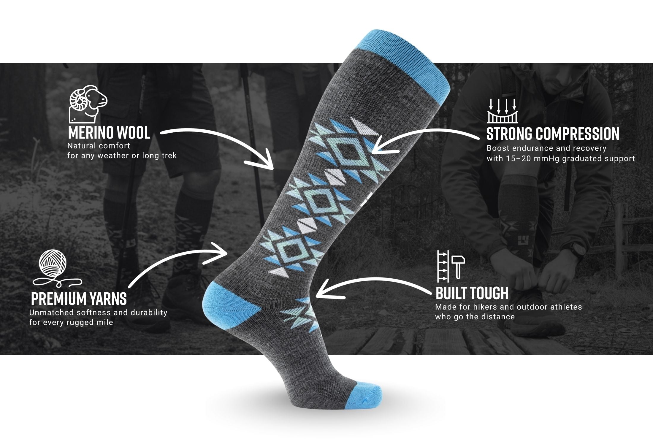 MudGear Mesa Horizon Tall Compression Socks Gray Blue Infographics — product features infographic