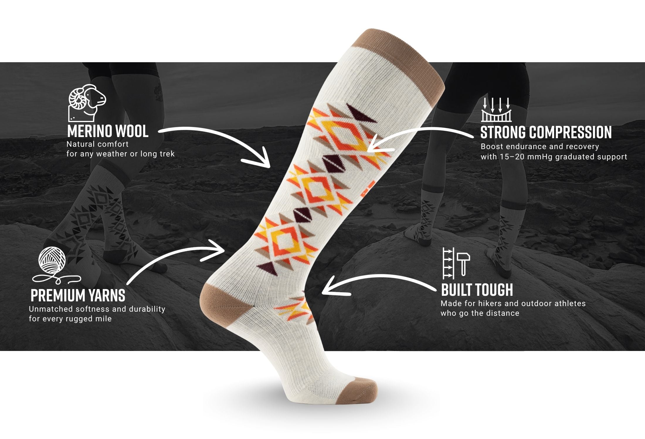 MudGear Mesa Horizon Tall Compression Socks Tan Brown Infographics — product features infographic