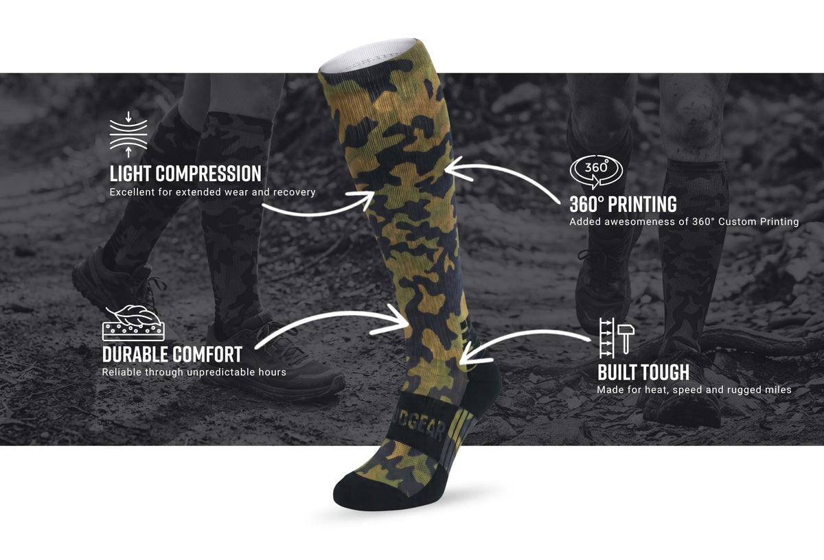 Infographic of MudGear Custom Green Camo Tall Compression Socks (1 pair)