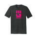 Charcoal heather tri-blend tee with hot pink MudGear fist logo on chest