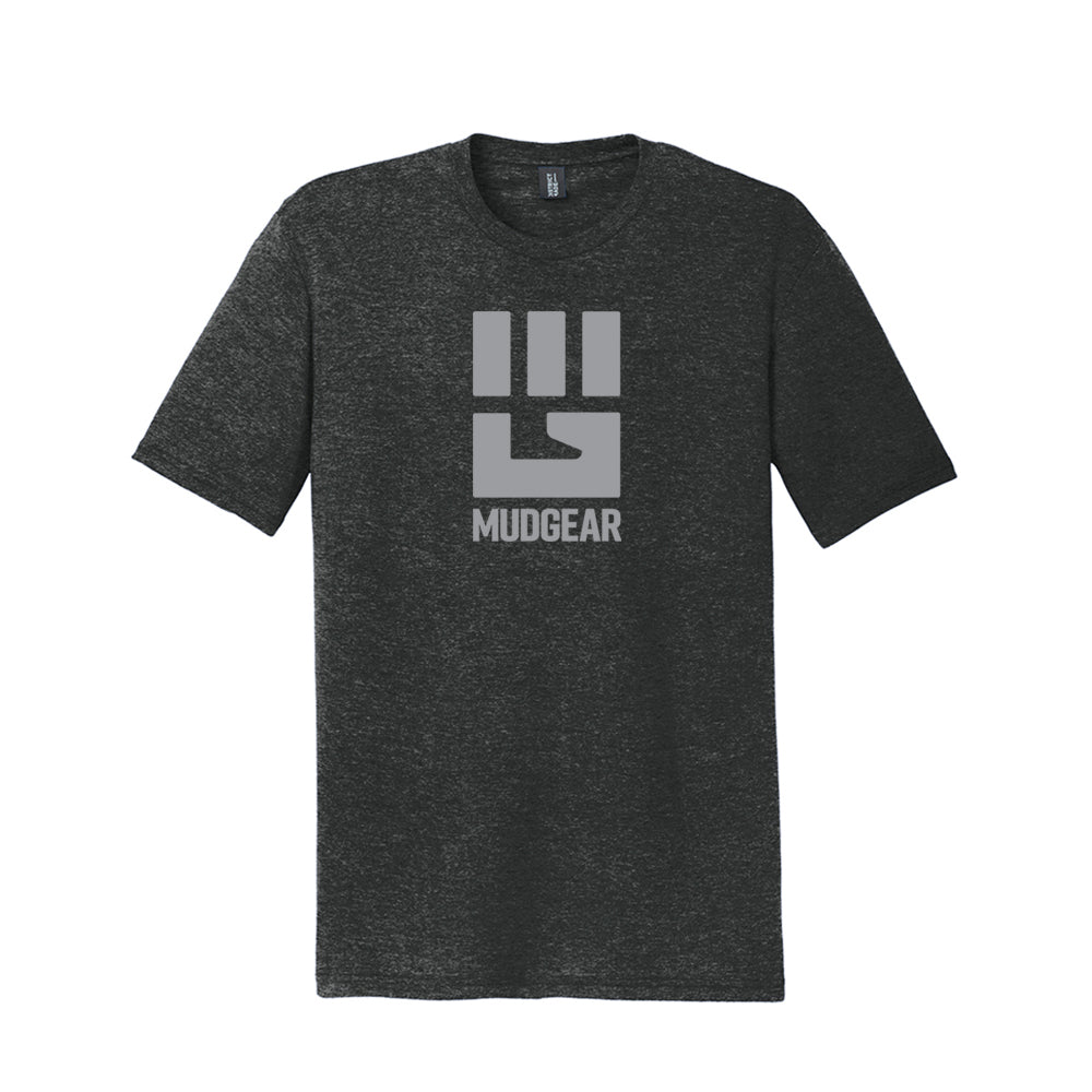 Charcoal gray tri-blend t-shirt with gray MudGear fist logo and text on chest