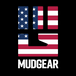 MudGear logo design featuring fist silhouette with USA flag pattern in red, white, and blue