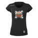 Black women's Mudder Rucker race jersey with white splatter graphic and orange logo