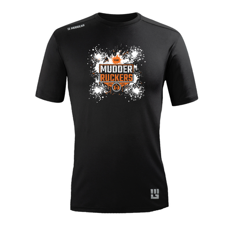 Black Mudder Ruckers race jersey with white and orange splatter graphic design