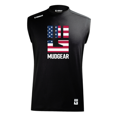 Black MudGear sleeveless performance shirt with USA flag fist logo