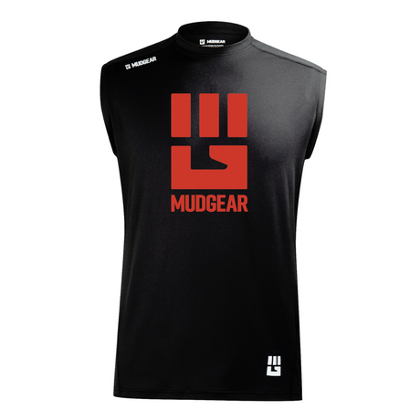 Black sleeveless MudGear performance shirt with red fist logo on chest