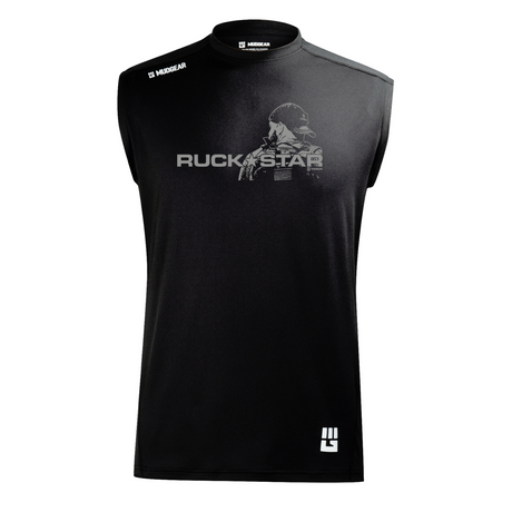 Black sleeveless MudGear Ruck Star performance shirt with gray graphic print