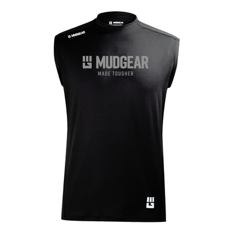 Black MudGear sleeveless performance shirt with Made Tougher logo in gray