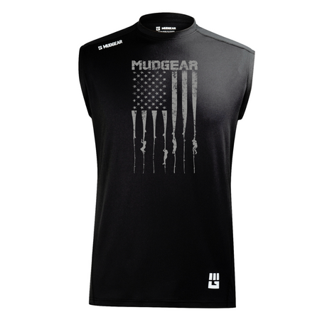Black MudGear sleeveless performance shirt with gray USA flag and rope climb graphic