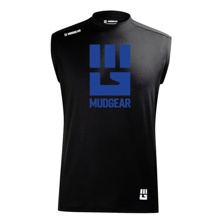 Black sleeveless performance shirt with blue MudGear fist logo on chest