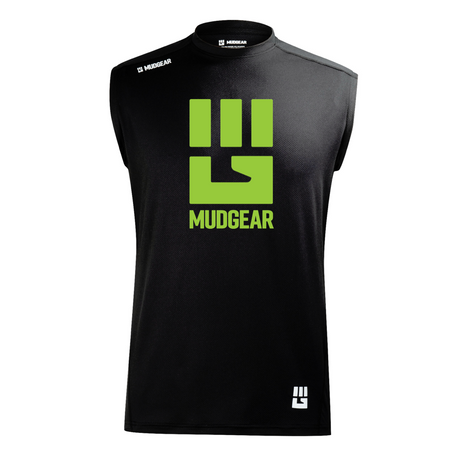 Black sleeveless MudGear performance shirt with lime green fist logo on chest