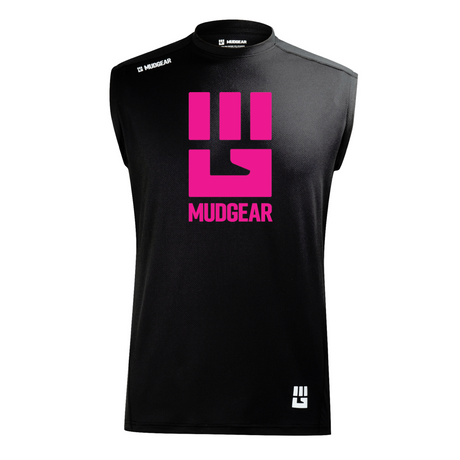 Black sleeveless MudGear performance tank with bright pink fist logo on chest