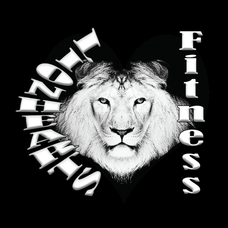 Lion head with fierce expression surrounded by text reading Lionhearts Fitness on black background