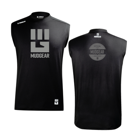 Black MudGear sleeveless performance jerseys, front and back view, with logo graphics