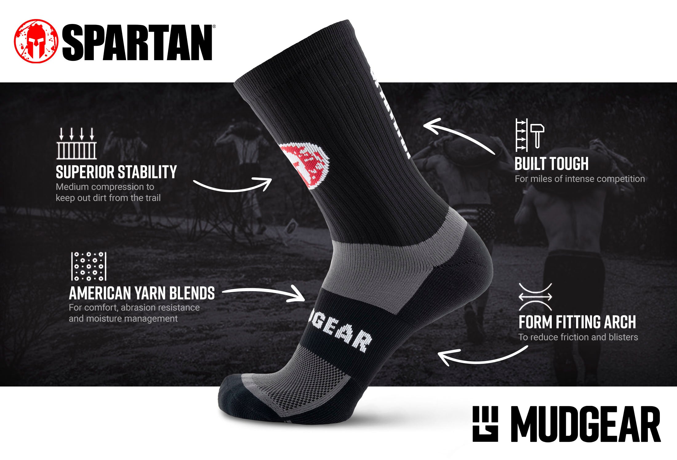 MudGear Spartan Crew Height Socks Infographics V3 — product features infographic