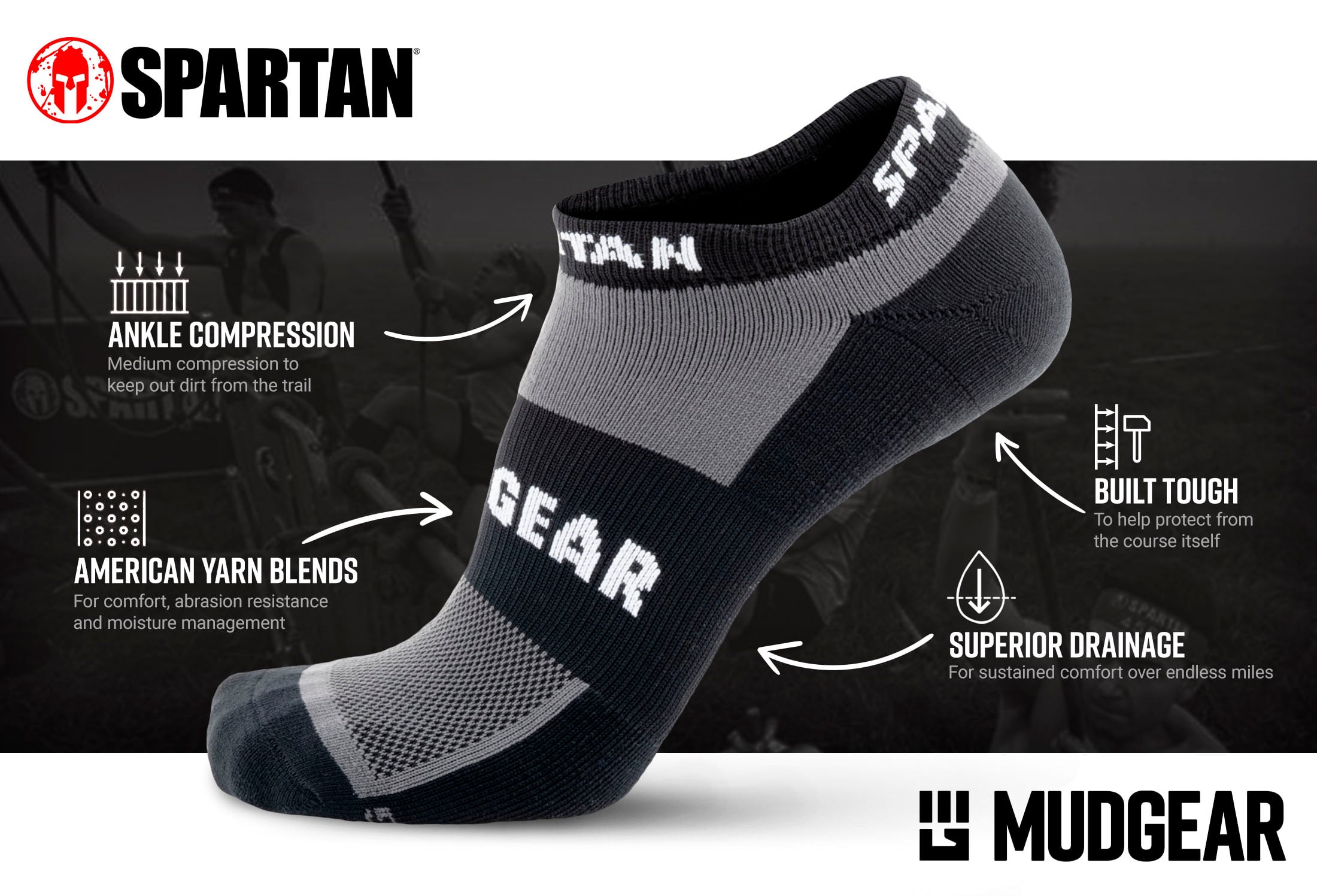 MudGear Spartan No Show Socks Infographics v2 compressed — product features infographic