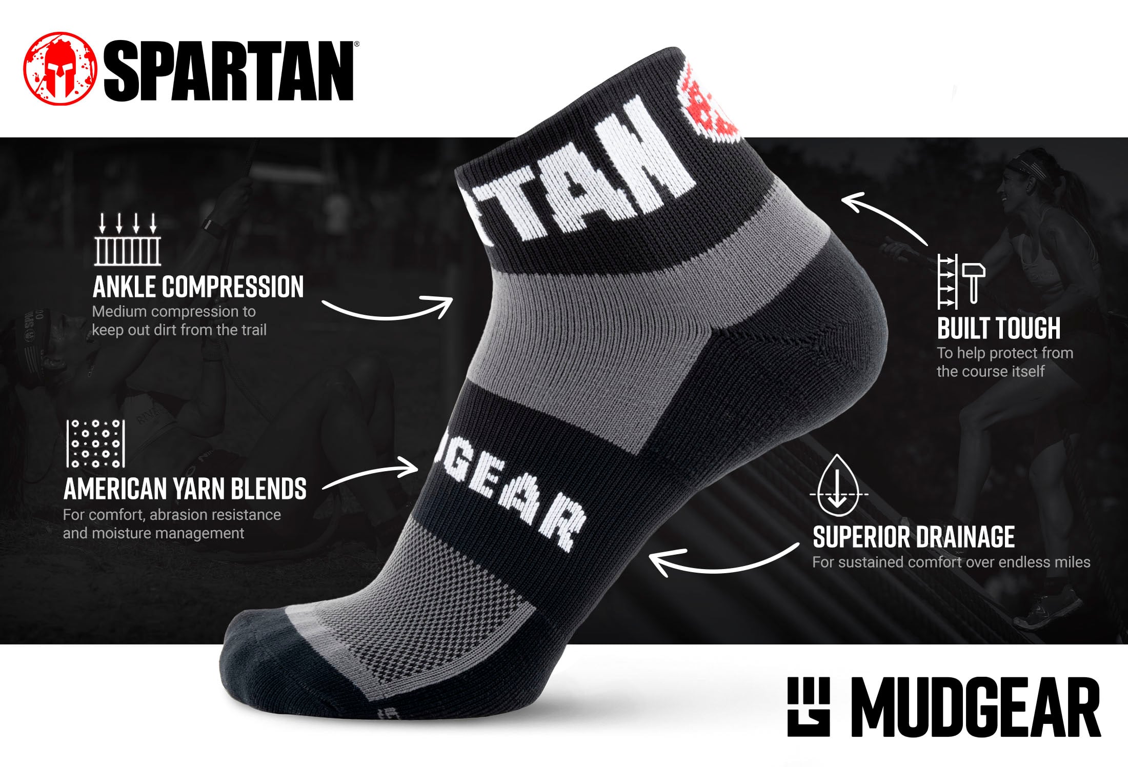 MudGear Spartan Quarter Crew Socks Infographics V2 compressed — product features infographic