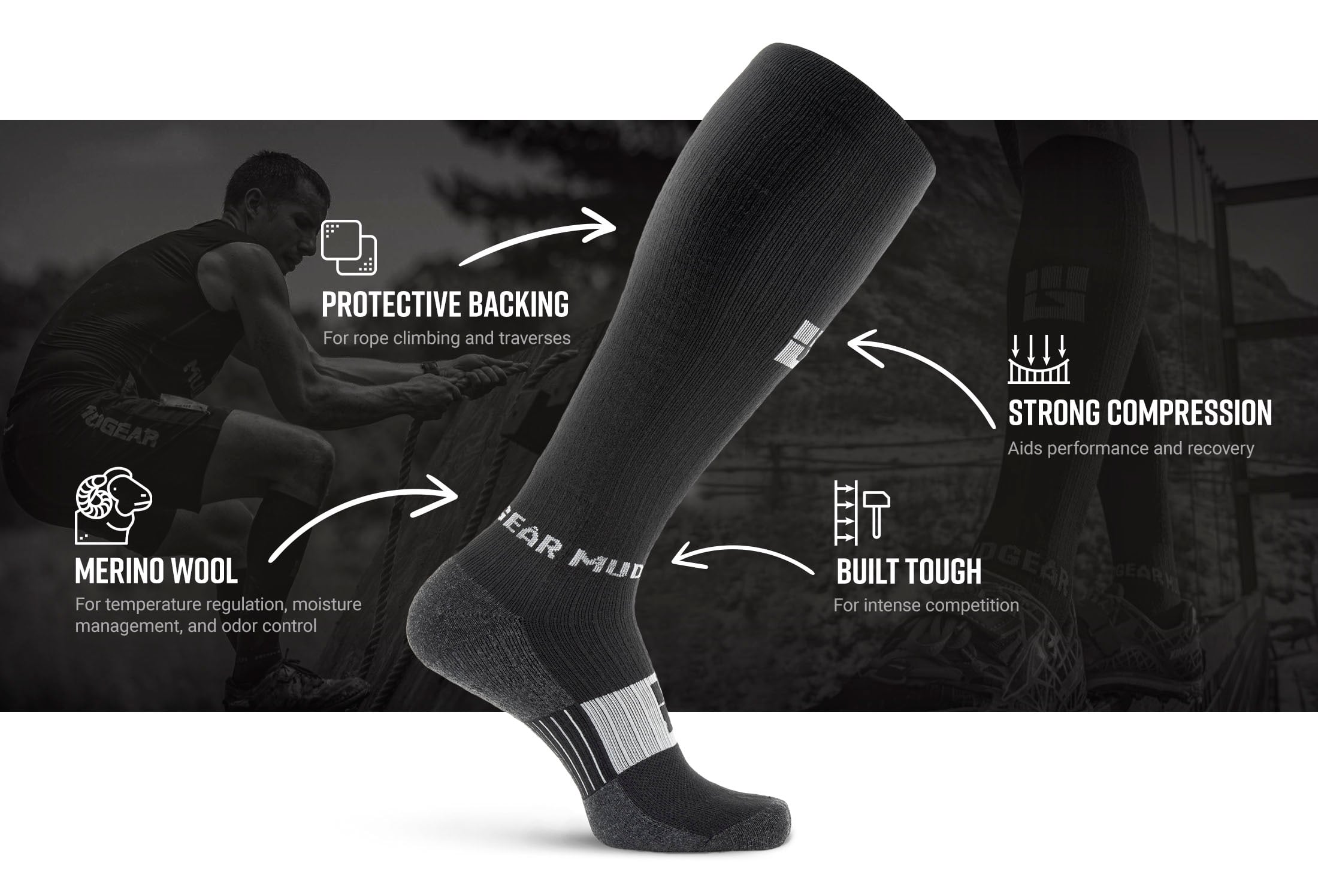 MudGear TALL COMPRESSION MERINO WOOL SOCKS Infographics revised — product features infographic