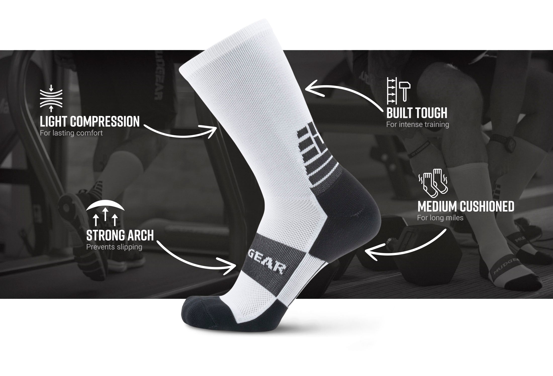 MudGear White Crew Height Socks Infographics V3 — product features infographic
