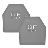 Pair of gray powder-coated weight vest plates with DF laser-cut logo, 8.75 lb each