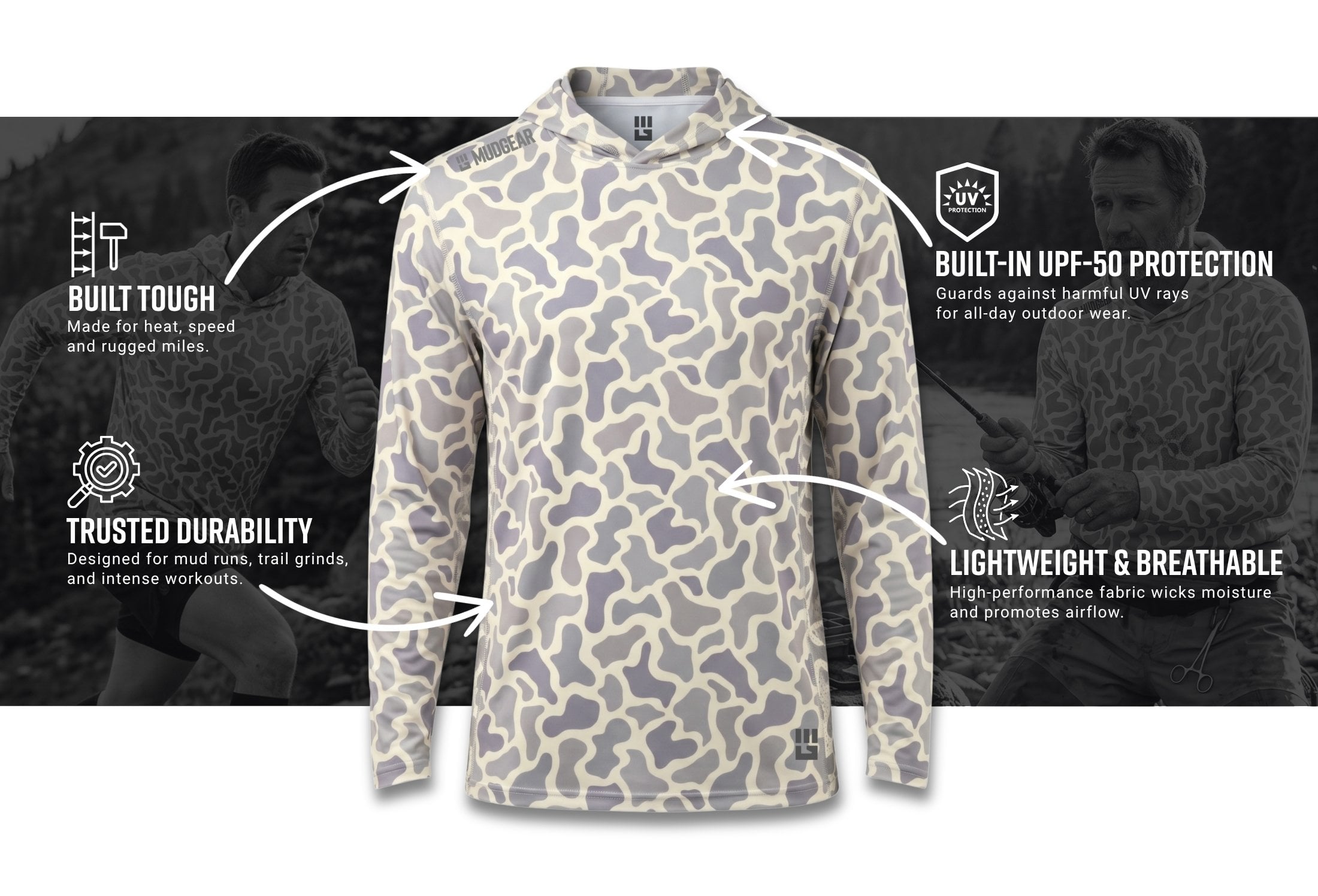 mudgear sun hoodie in light duck camo website Infographics — product features infographic