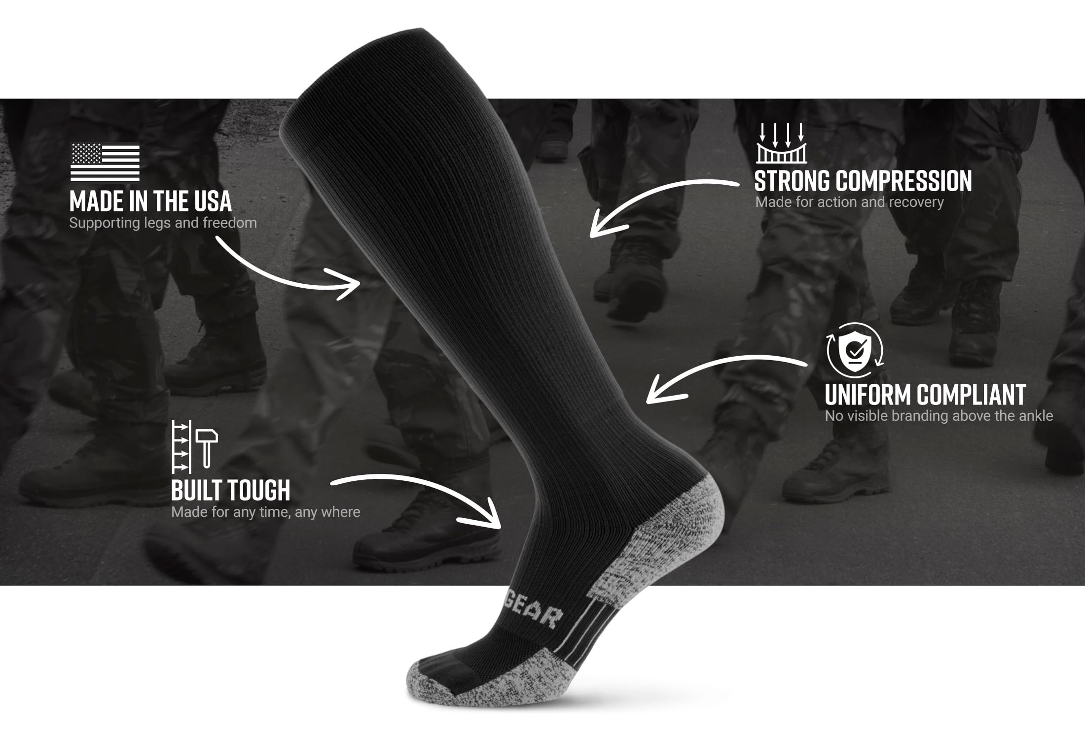mudgear tall compression socks tactical black website infographics — product features infographic
