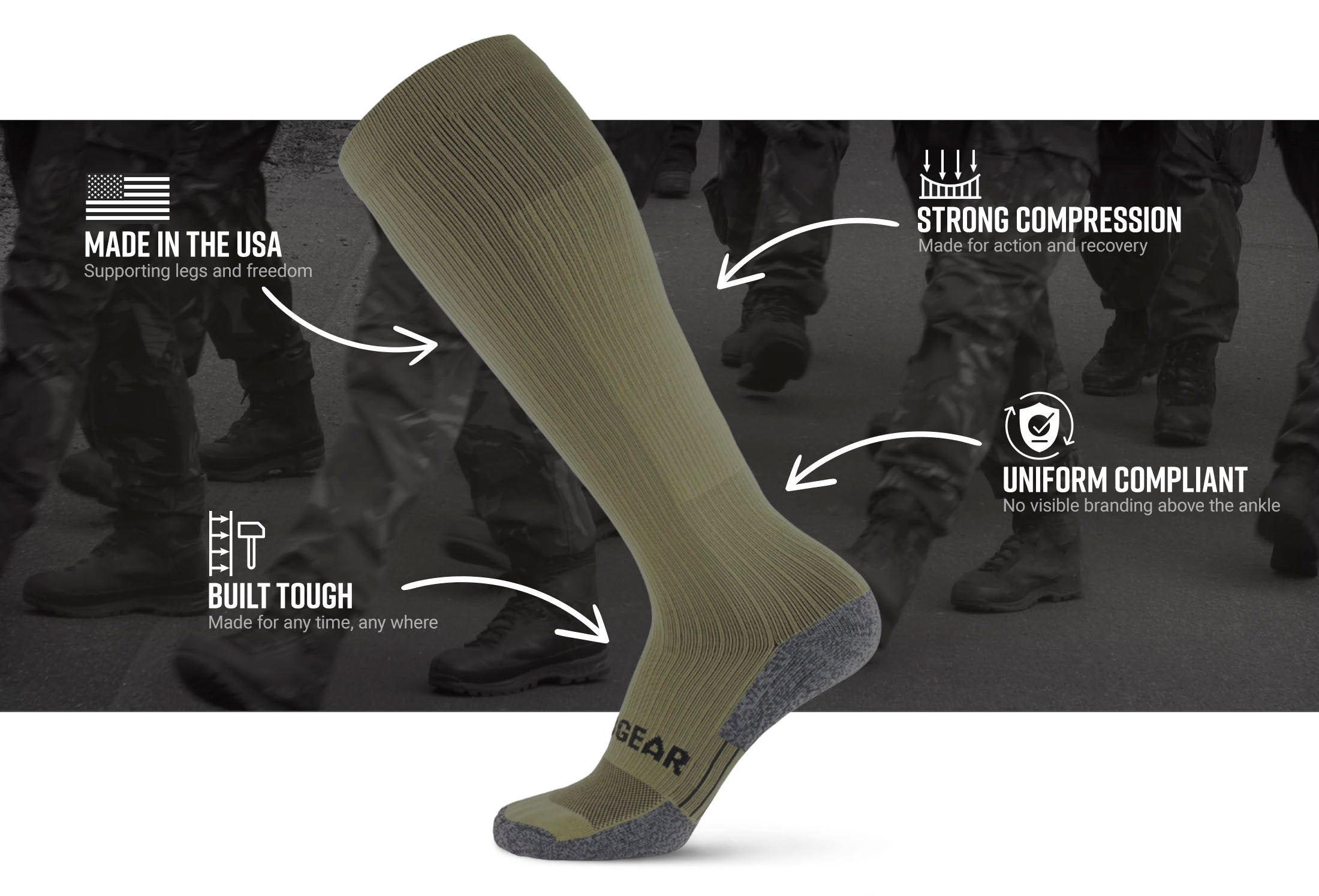 mudgear tall compression socks tactical green website infographics — product features infographic