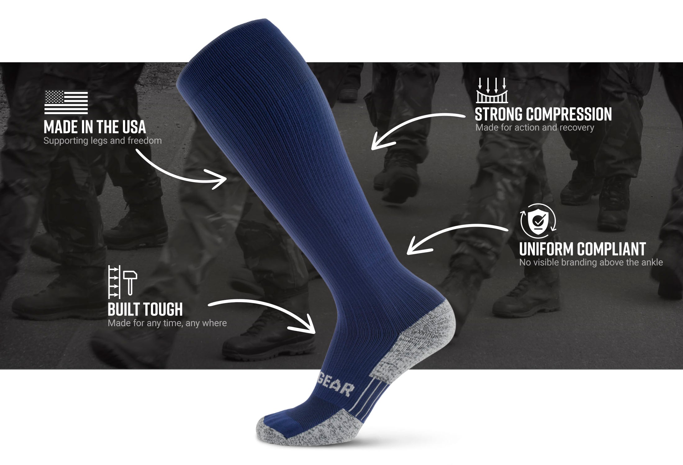 mudgear tall compression socks tactical navy blue website infographics — product features infographic