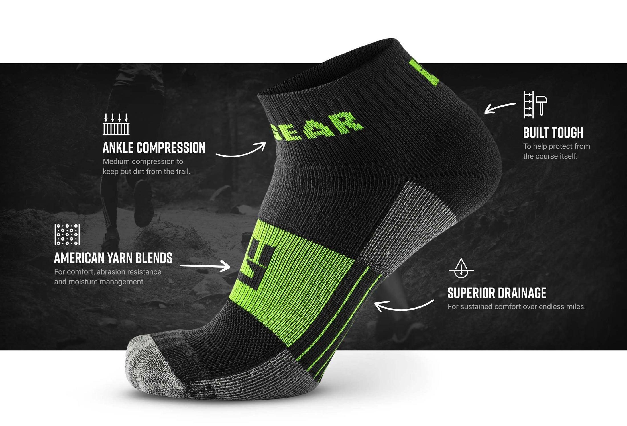 mudgear trail socks 1 4 crew gray green tech box — product features infographic