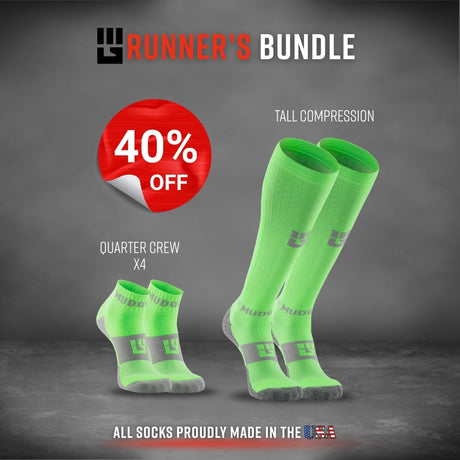 Runner's Bundle featuring neon green quarter crew and tall compression socks with 40% off badge