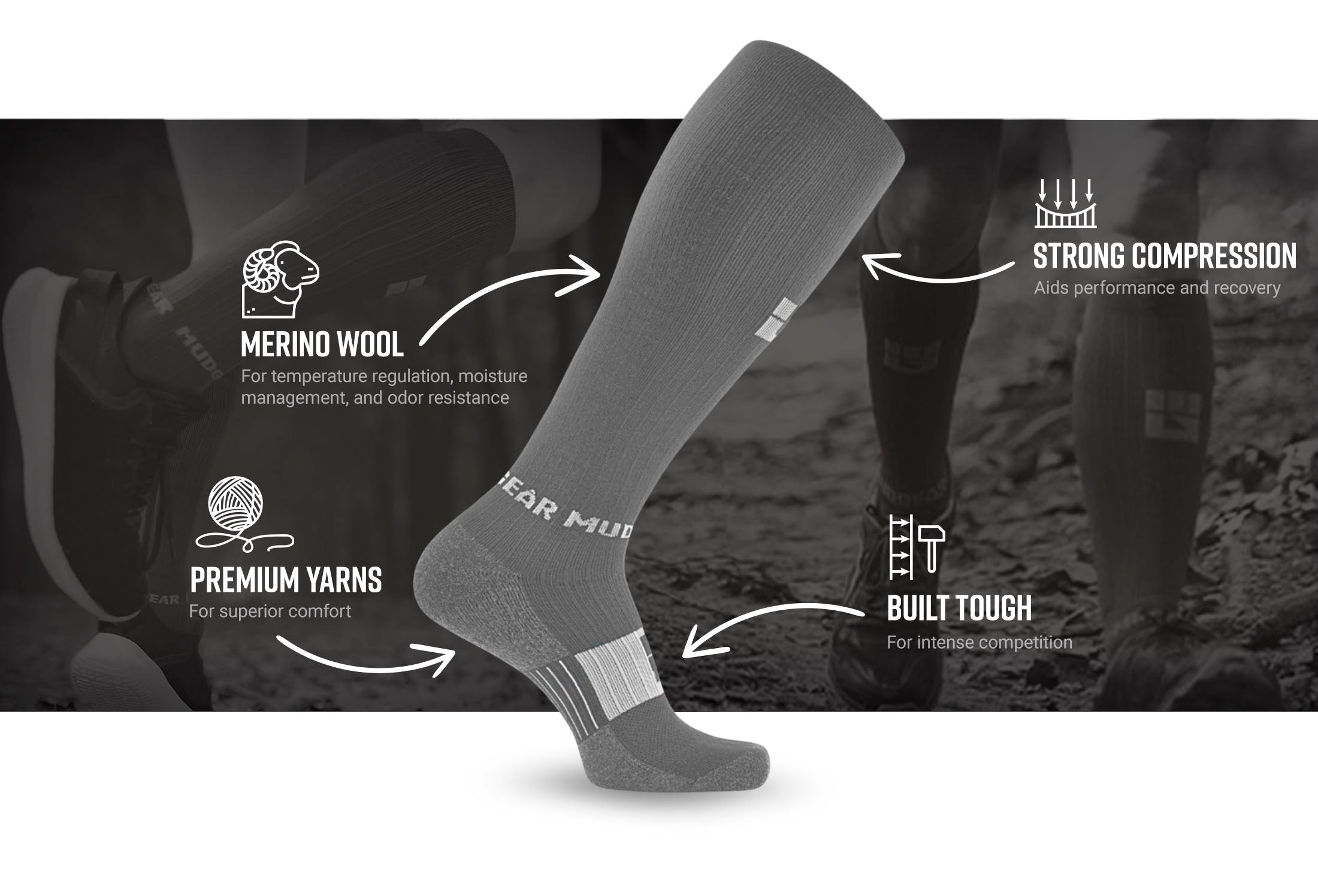 MudGear tall compression merino wool socks gray gray website infographics — product features infographic