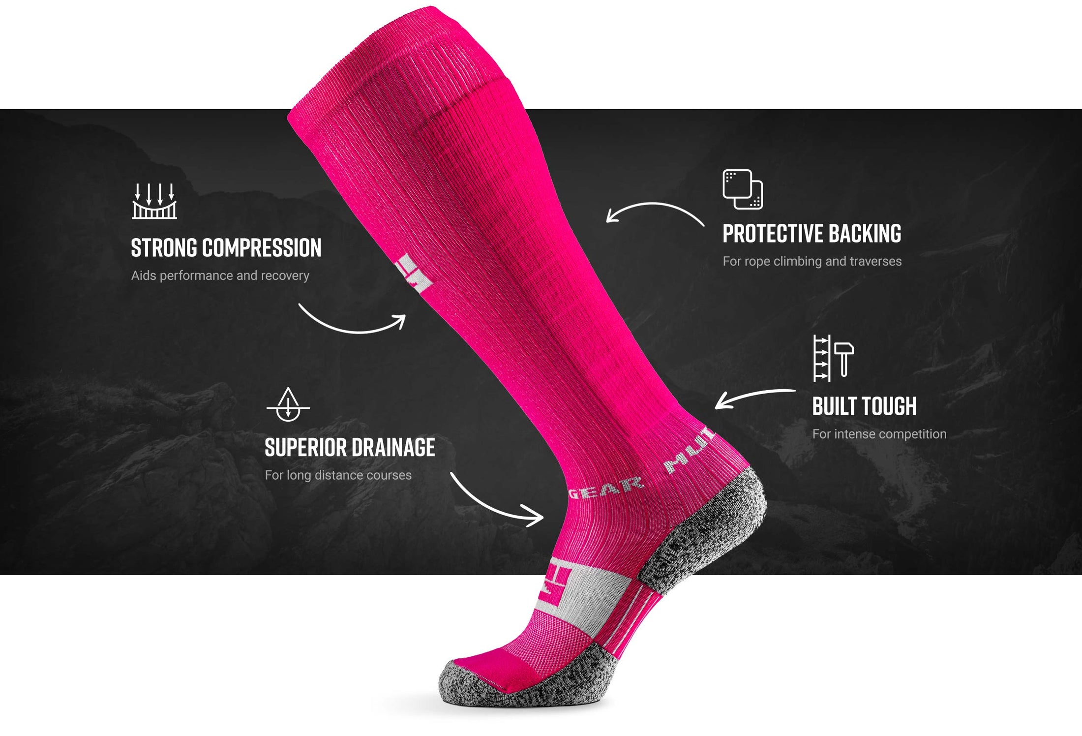 MudGear tech mudgear compression obstacle race sock pink gray — product features infographic
